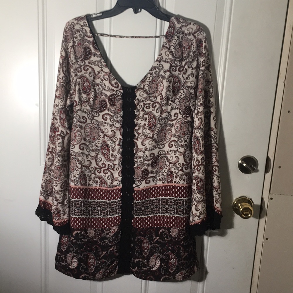 Blue Rain Avalon long bell sleeved scoop neck paisley tunic mini dress size S